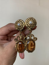 Load image into Gallery viewer, Vintage Brown Stone Pearl Shield Dangler Earrings