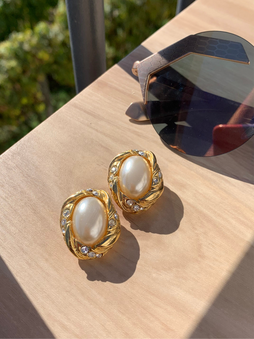 Vintage Pearl & Dimond Oval Earrings