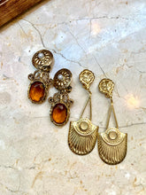 Load image into Gallery viewer, Vintage Brown Stone Pearl Shield Dangler Earrings