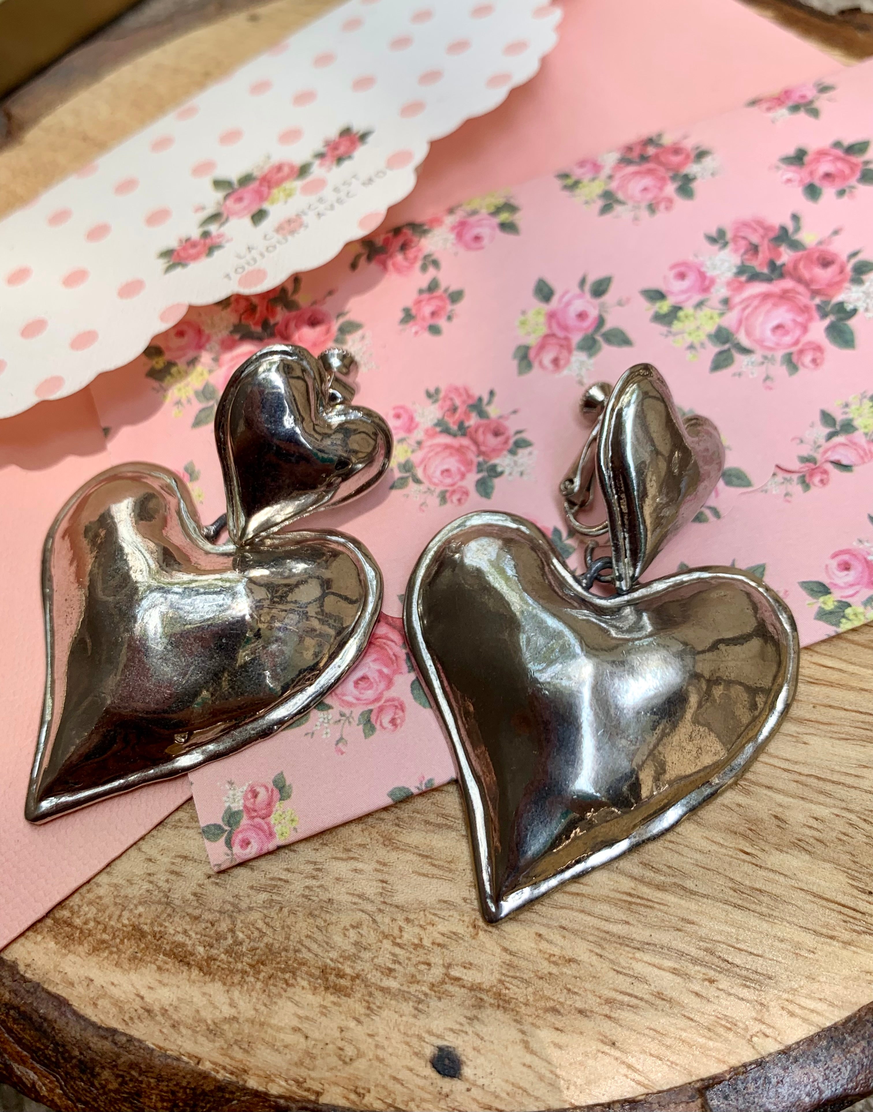 Vintage Chunky Silver Double Heart Earrings – Viange Vintage