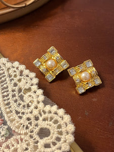 Vintage Block Pearl Diamond Earrings