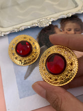 Load image into Gallery viewer, Vintage Red Stone Gold Shield Earrings