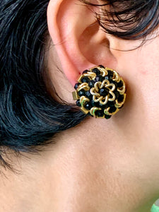 Vintage Black and Gold Chunky  Flower Earrings