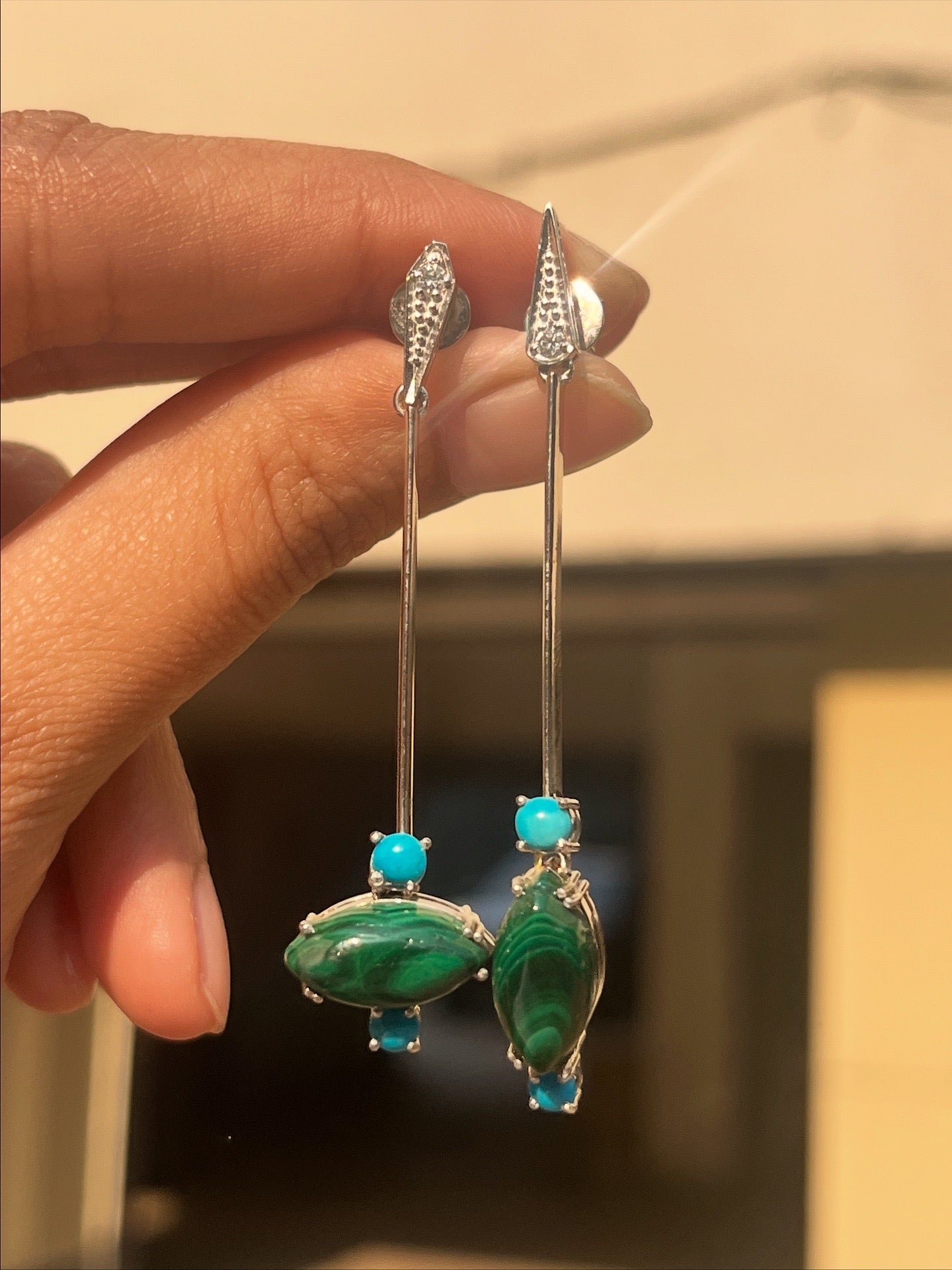 Malachite And Turquoise Diamond Danglers