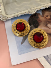 Load image into Gallery viewer, Vintage Red Stone Gold Shield Earrings