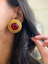 Load image into Gallery viewer, Vintage Red Stone Gold Shield Earrings