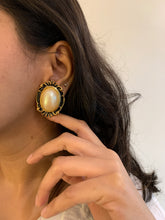 Load image into Gallery viewer, Vintage Pearl &amp; Black Enamel Earrings
