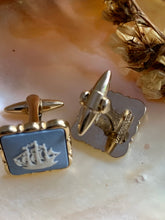 Load image into Gallery viewer, Vintage Wedgewood Blue Sail Gold Cuff Links