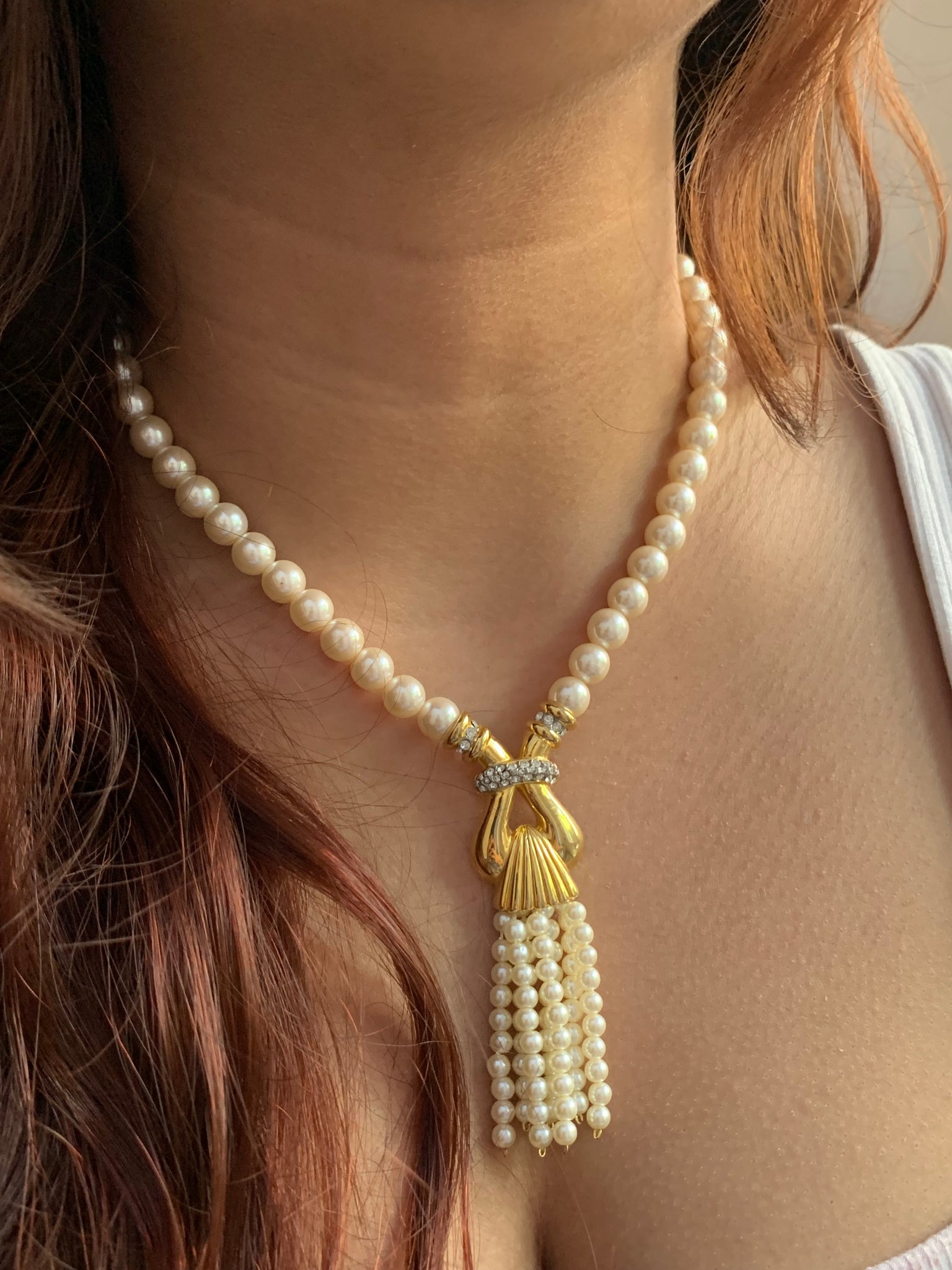 Vintage Costume Faux Pearl Necklace with Floral Rhinestone Clasp, Long Pearl  Bead Necklace, 84 cm / 33 inches. - Addy's Vintage