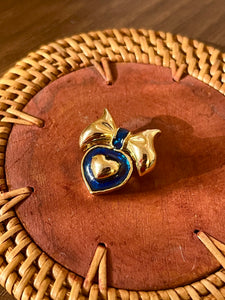Vintage Blue Enamel Bow Heart Brooch