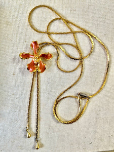 Vintage Brown Enamel Flower Lariat Necklace