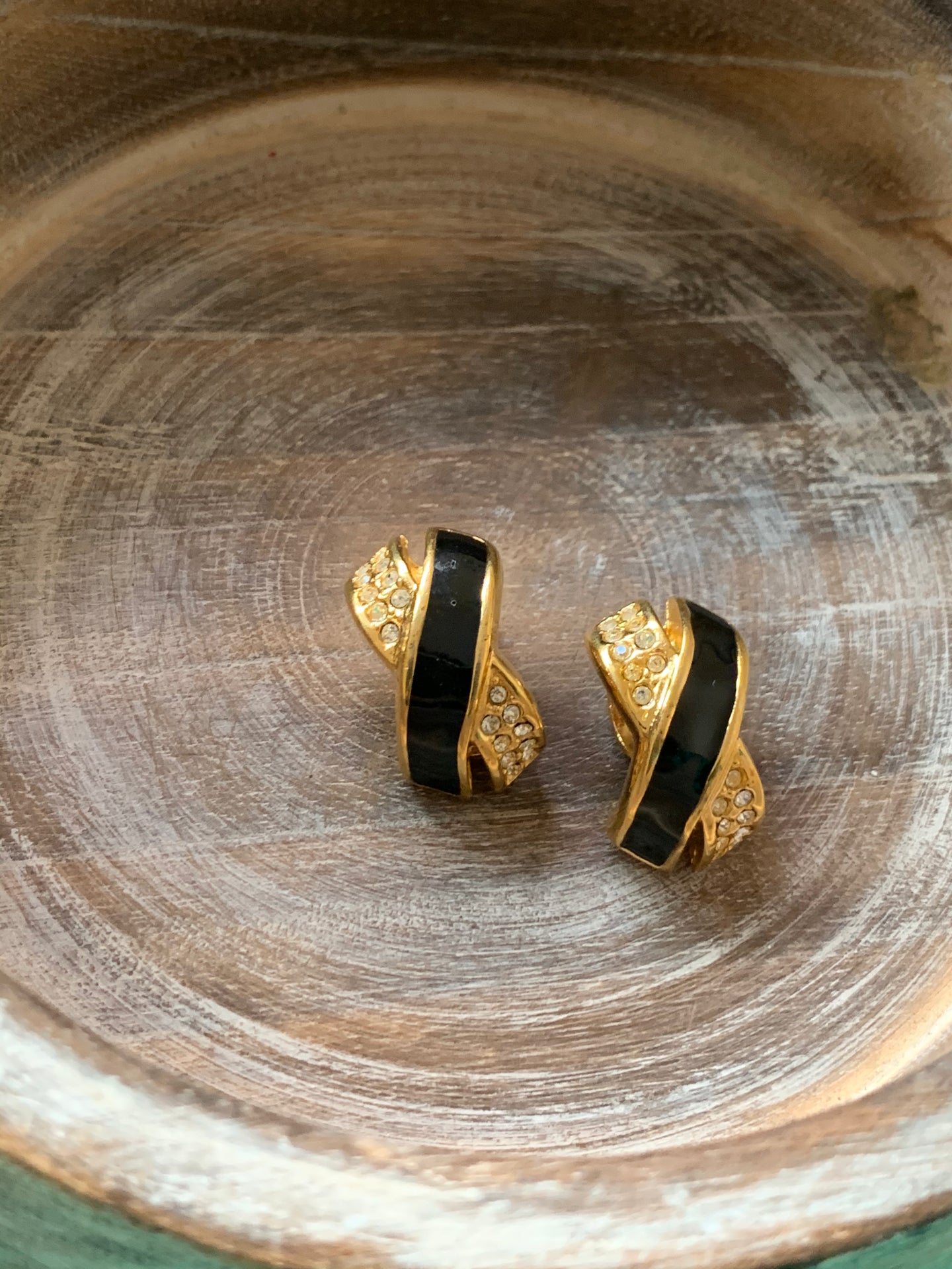 Vintage Cross Black Enamel Diamond Earrings
