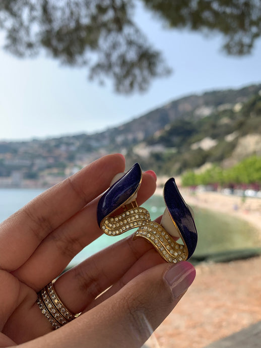 Vintage Blue Enamel Wave Diamond Earrings