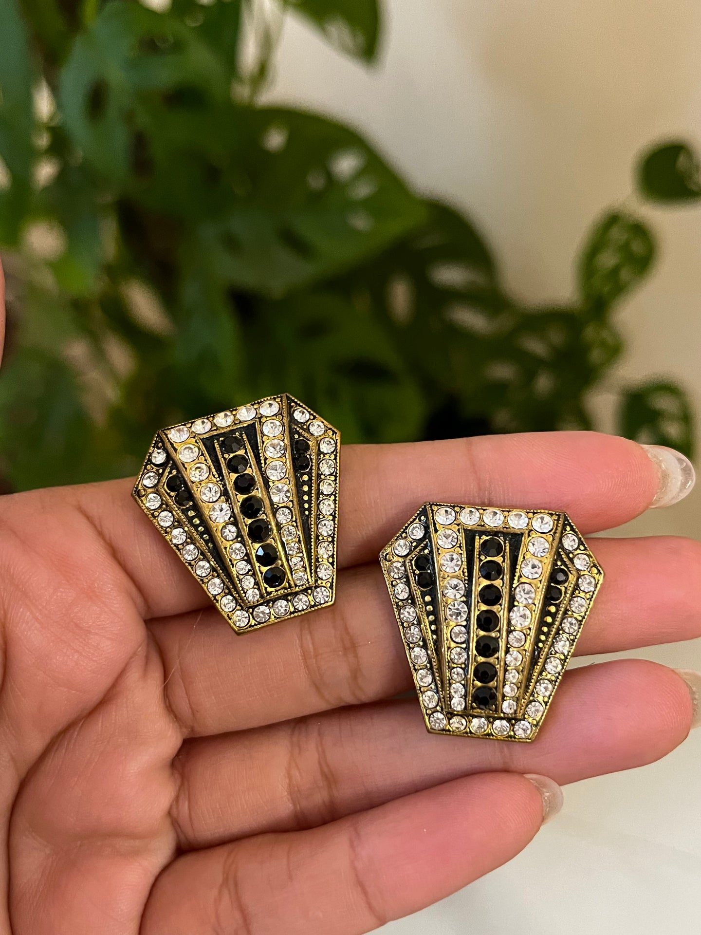 Vintage Black Stone & Diamond Art Deco Earrings